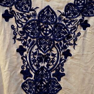Embroidered white blue v-neck tank cover up tunic Bust 19 inches Length 25 inche